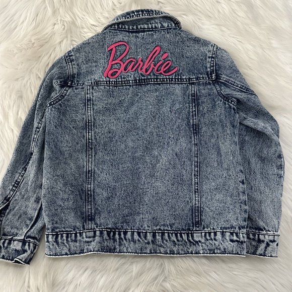 Barbie Girls Denim Jean Jacket M 100% Cotton Front Back Logo Light Wash - Picture 12 of 13